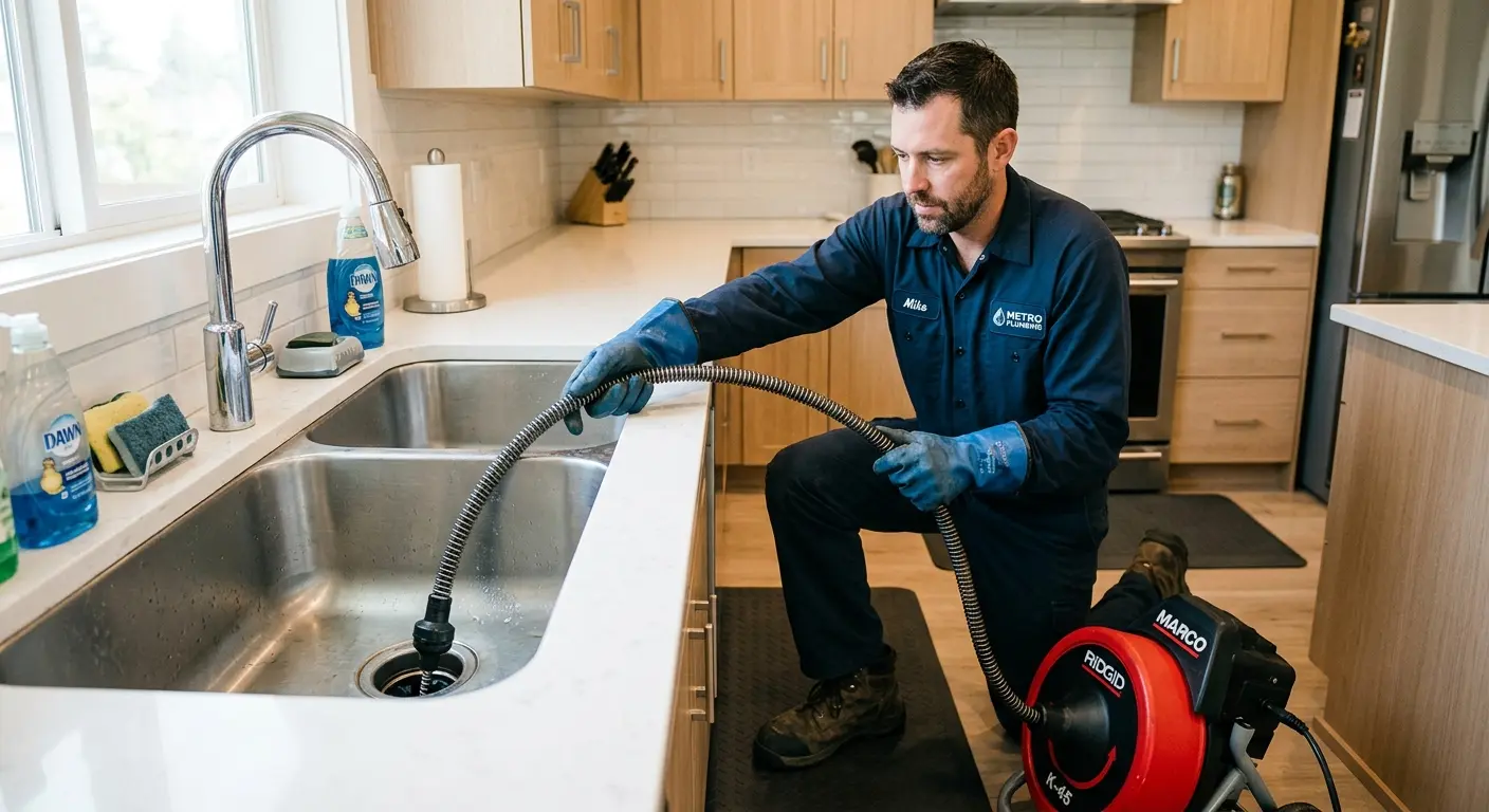 Drain cleaning technician using a motorized snake on a kitchen sink in Belmont